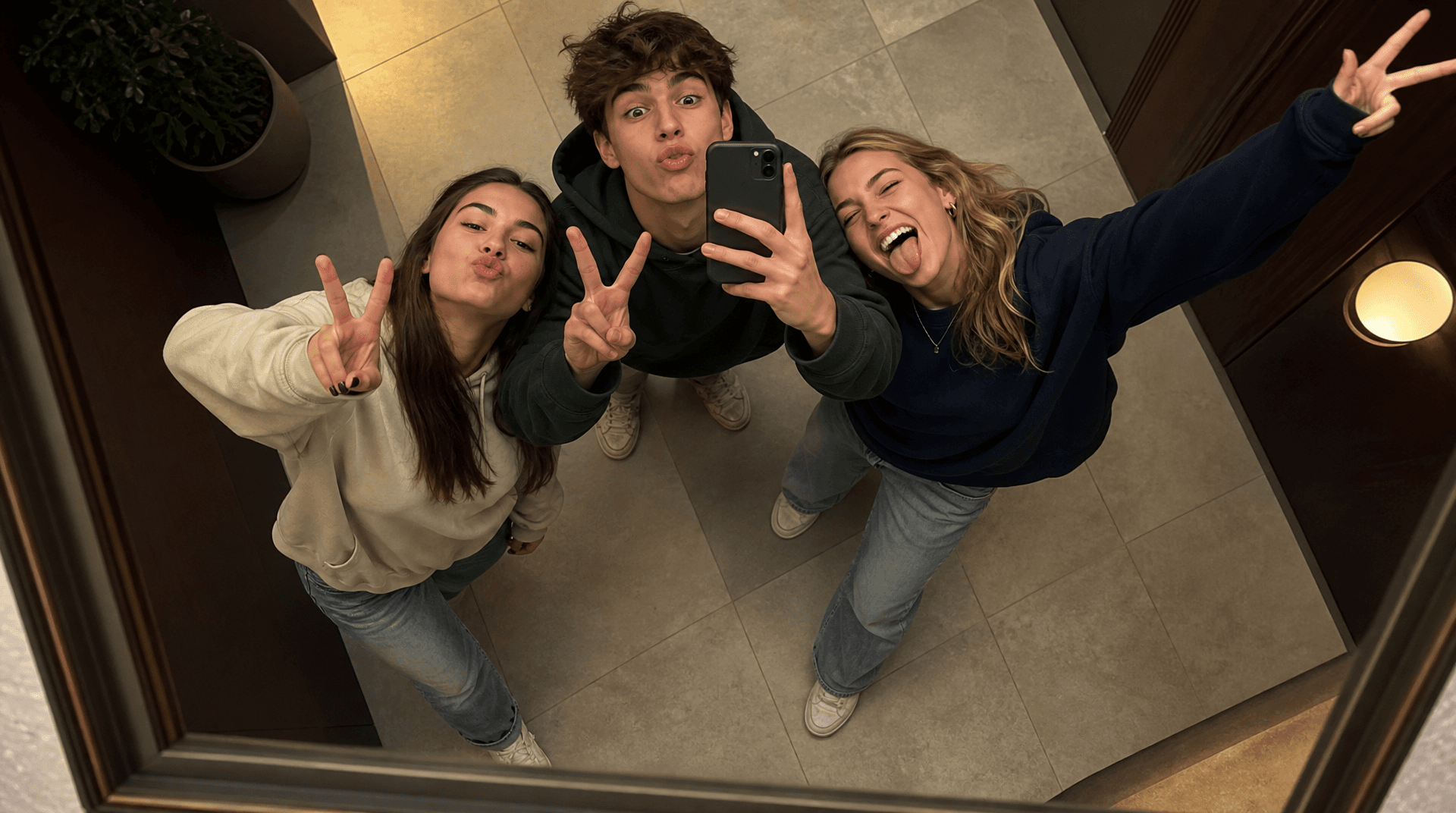 Friends creating a Group Mirror Selfie together