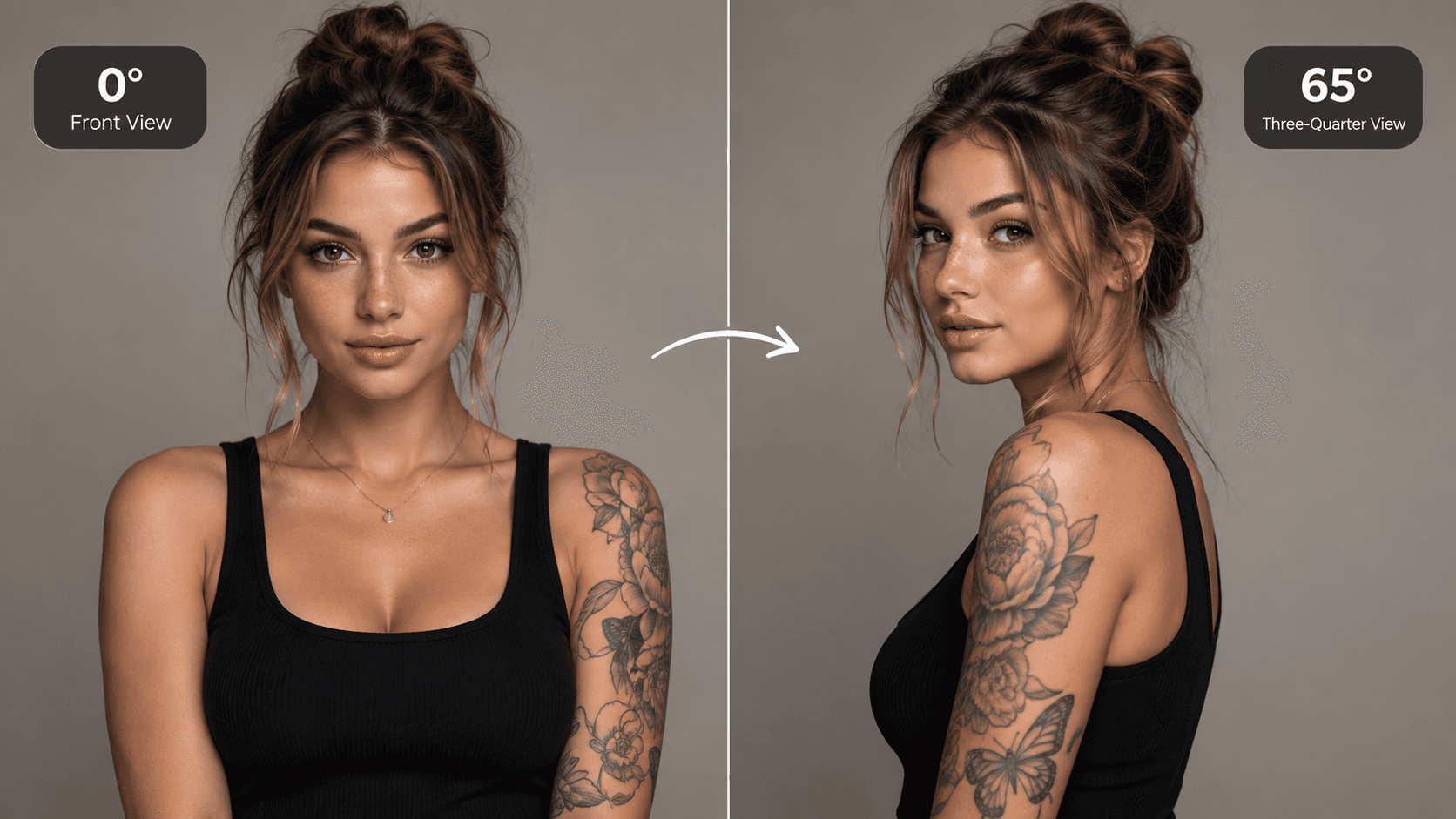 The same woman from a front view and a three-quarter view