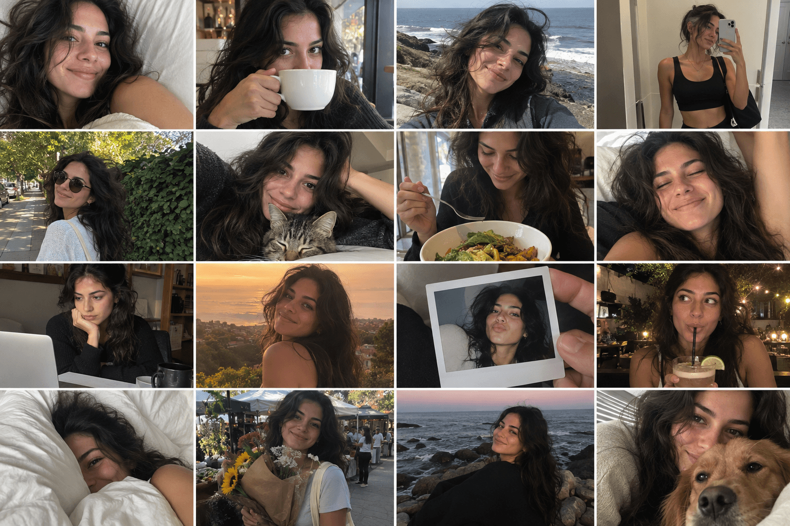 A grid of casual snapshots featuring the same woman throughout a day