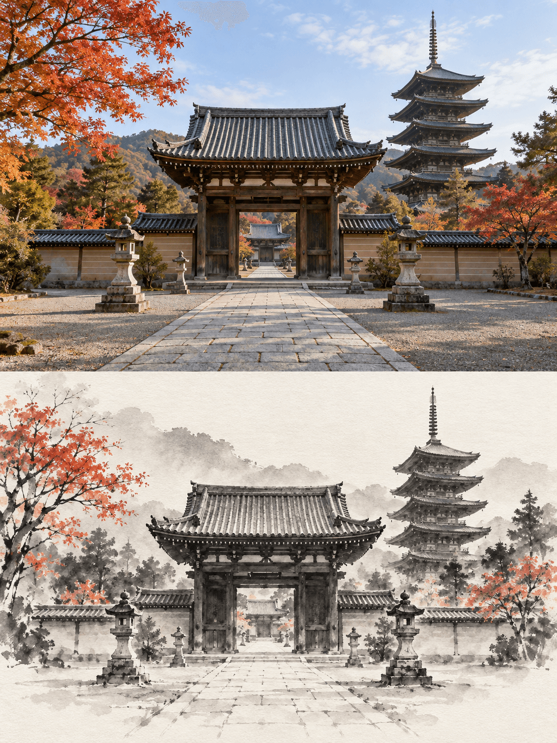 A temple gate photographed above and reconstructed as minimalist ink wash below