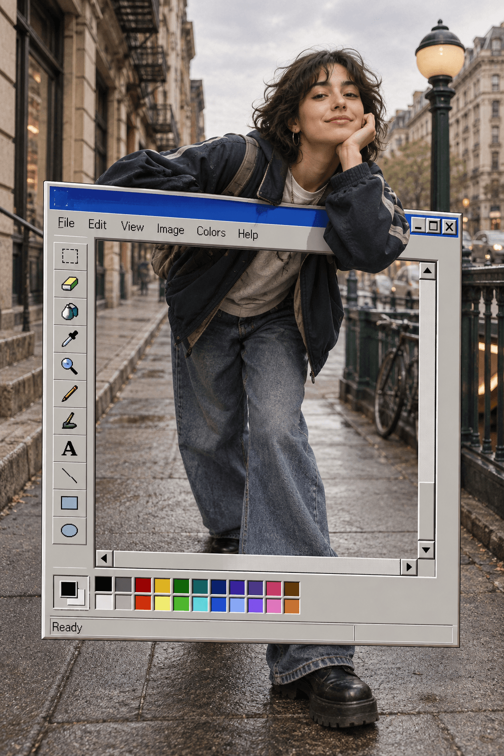 Fictional subject emerging from a retro desktop Paint window