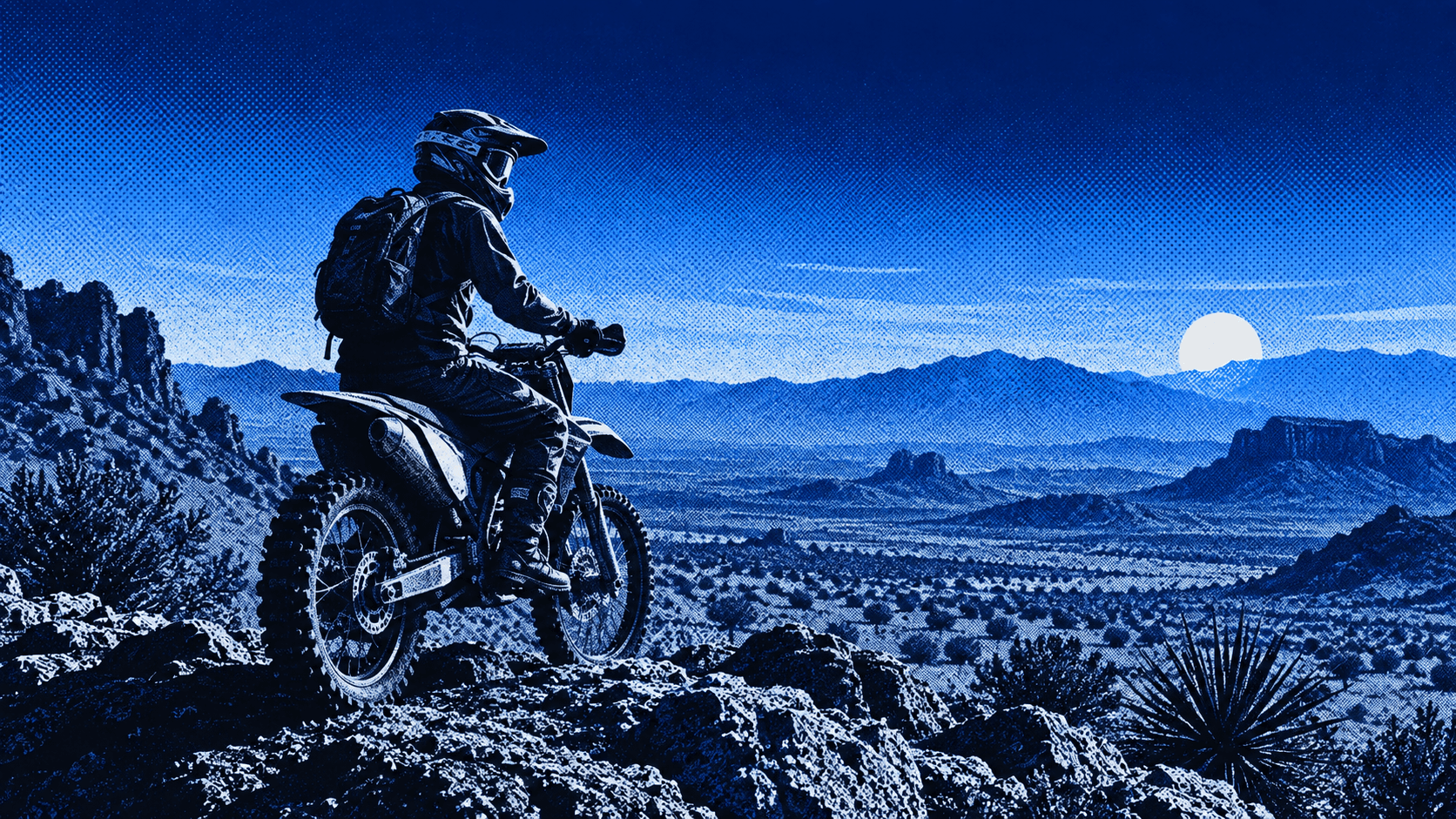 A blue halftone editorial poster of a rider in a desert landscape