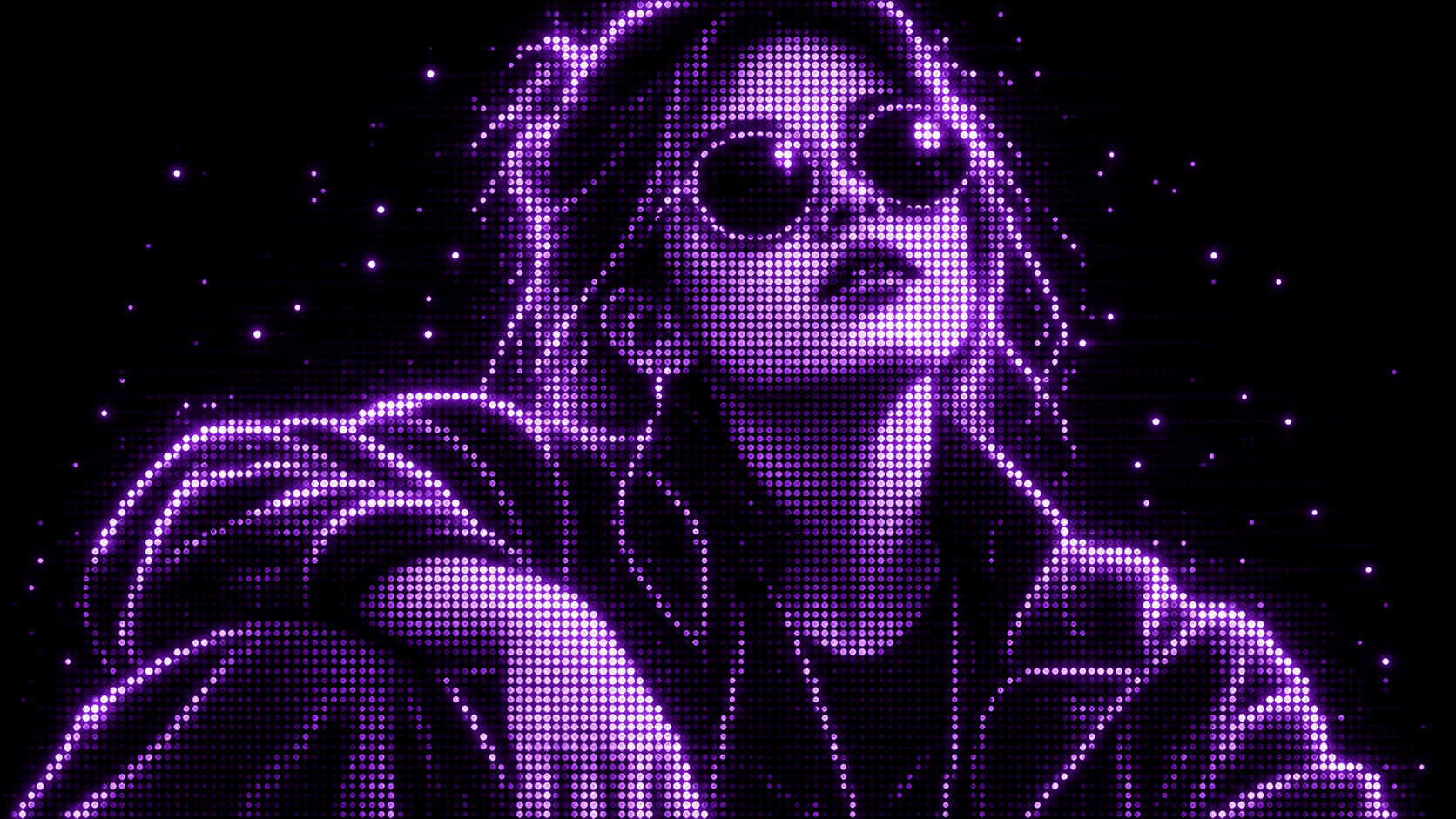 Original portrait rendered in purple phosphor dots on black