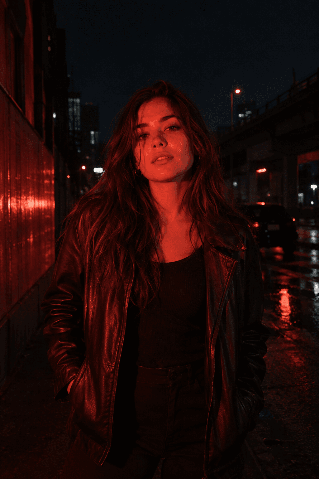 Fictional portrait illuminated by intense red light against a dark street