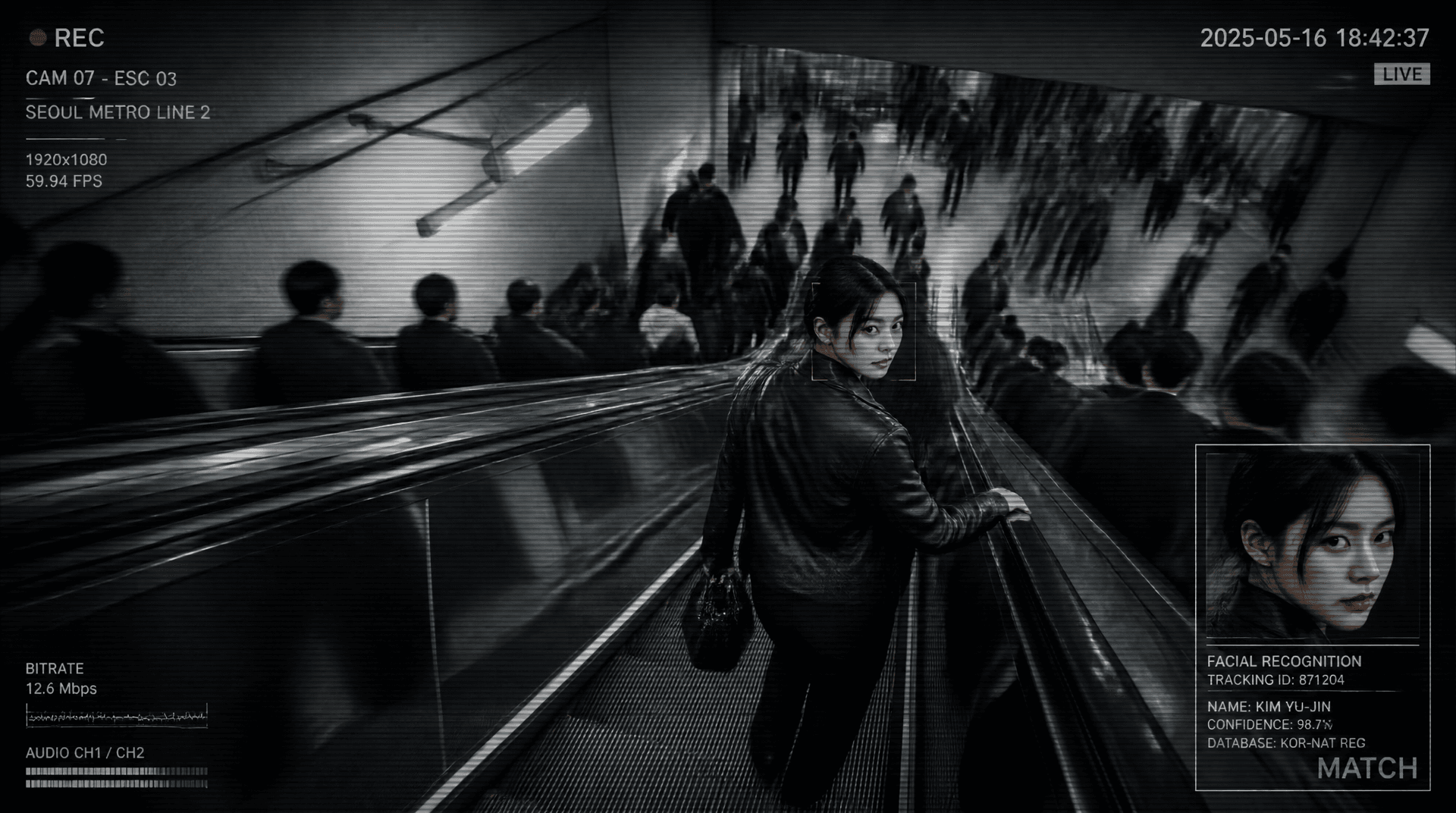 A commuter looking into a CCTV camera on a crowded metro escalator