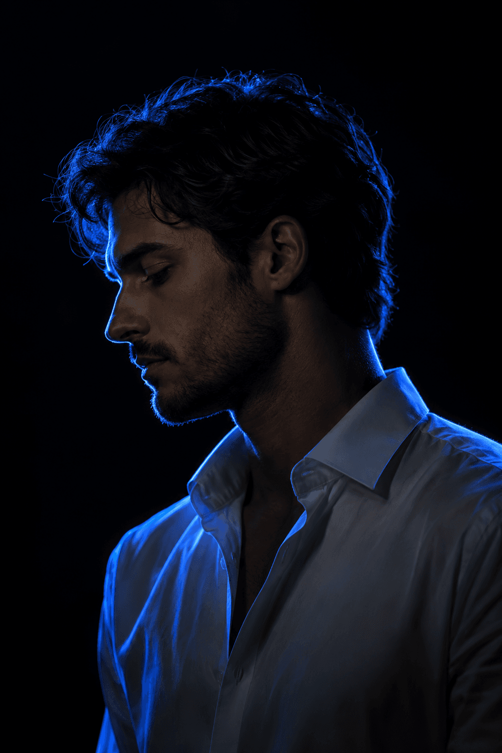 Original side-profile portrait outlined by an electric-blue rim light