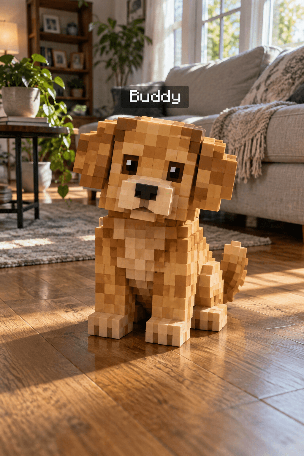 A voxel golden dog named Buddy in a photorealistic living room