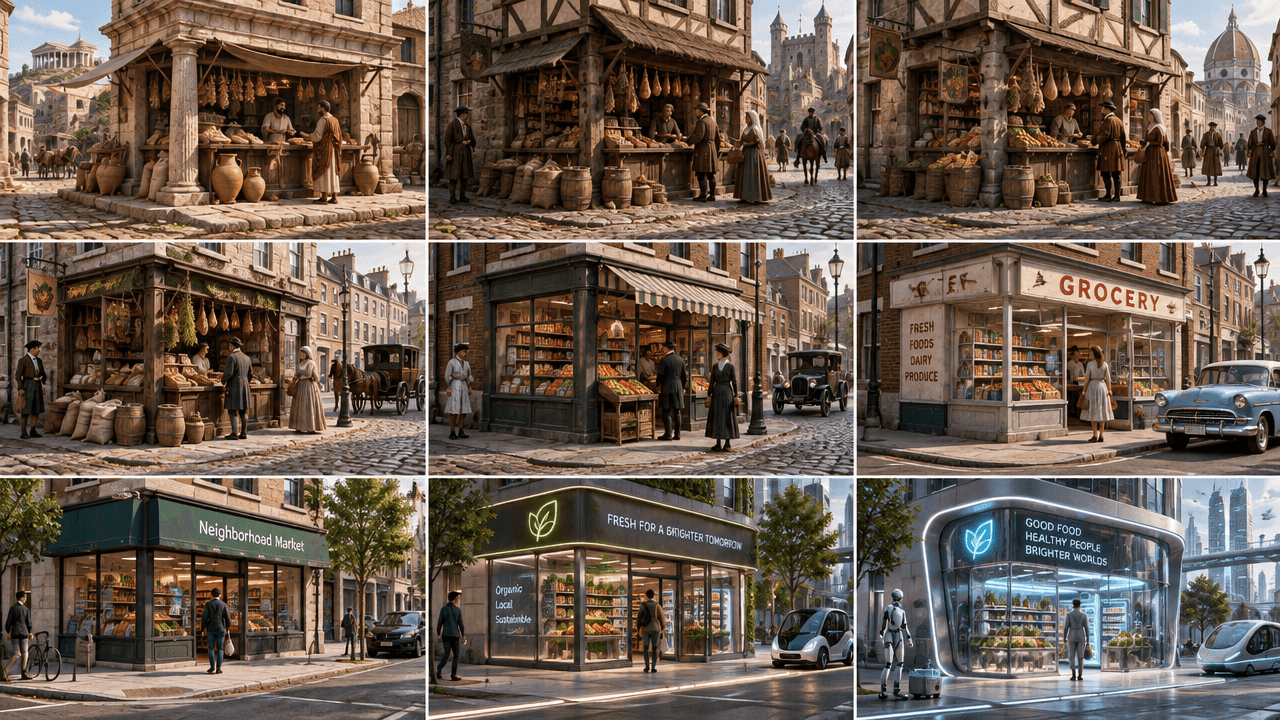 Nine-Era Grocery Shop Timeline, a real GPT Image 2.5 · Sunburst result