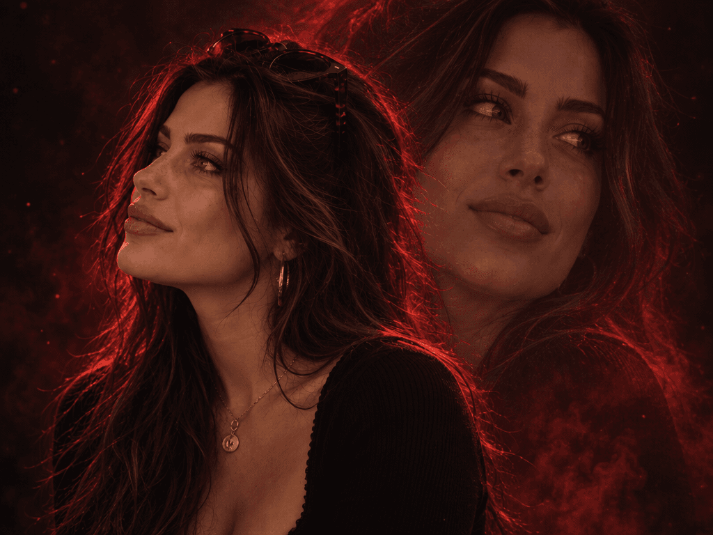 Crimson Double-Exposure Portrait, a real GPT Image 2.5 · Sunburst result